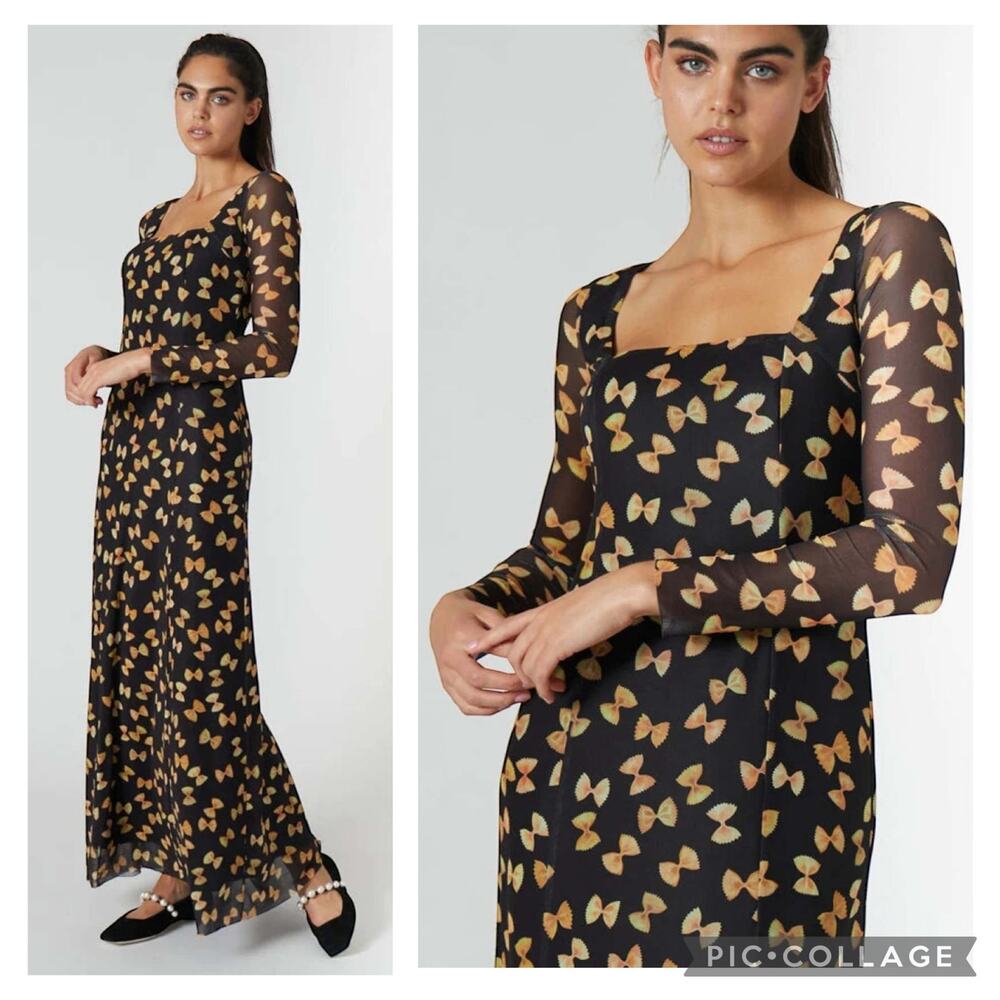 Rachel Antonoff Artie Farfalle Bow Tie Pasta Print Long Sleeve Mesh Maxi Dress S